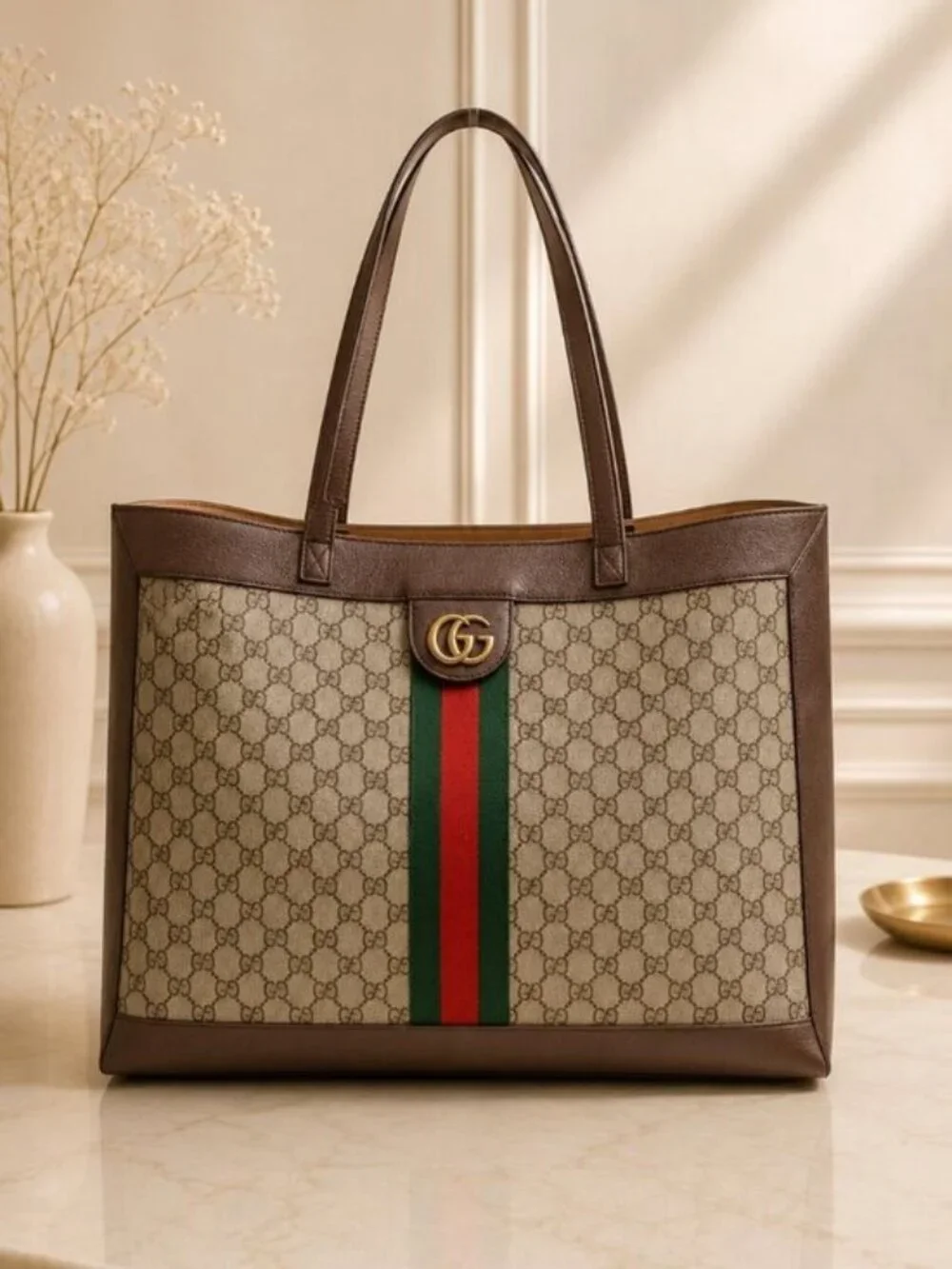 Authentic Gucci Ophidia GG Supreme Canvas Large Tote Bag Web Stripe Shoulder Bag